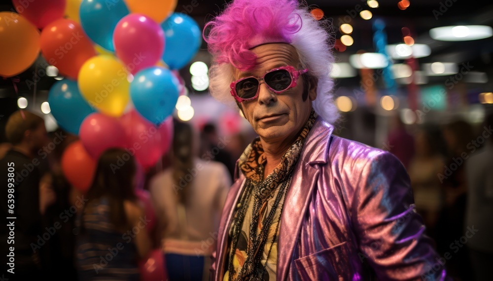 Photo of a man with pink hair and sunglasses surrounded by colorful balloons