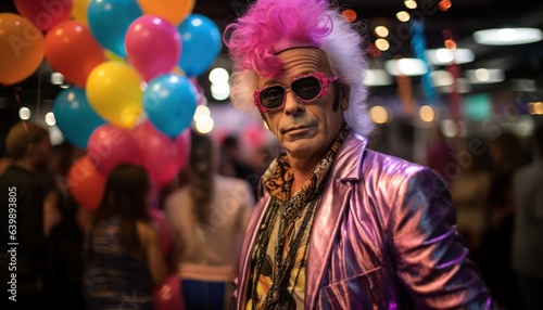 Photo of a man with pink hair and sunglasses surrounded by colorful balloons