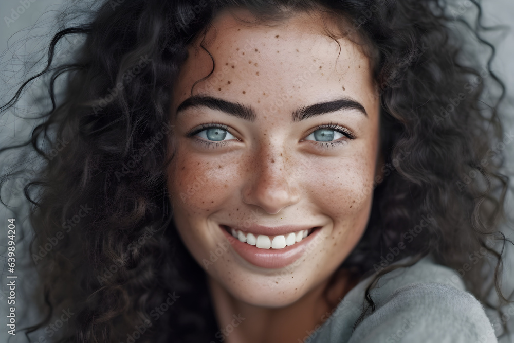 Beautiful gorgeous natural young woman, simple young girl, model woman with black curly hair laughing and smiling. Natural young lady close up portrait. Natural happyness and wellbeing. AI generative.