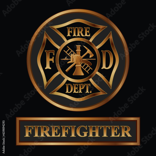 Firefighter Cross Logo Gold is a vector design of a classic Maltese cross firefighter symbol inside of a circular shape with a banner below with the text that says Firefighter in beautiful gold.