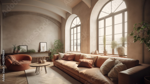 Loft home interior design of modern living room. beige sofa with terra cotta pillows against arched window near stucco wall with copy space.