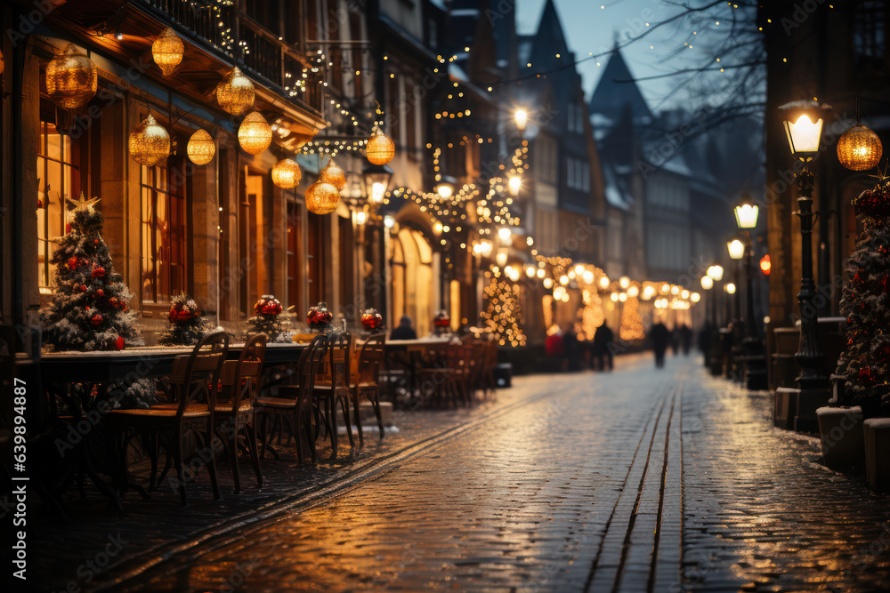 Festive Lights. City street illuminated with colorful Christmas lights, capturing the enchanting ambiance of the holiday season. Generative AI.