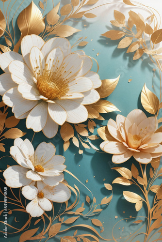 Spring floral in watercolor background. Luxury wallpaper design with flowers  line art  golden texture. Elegant gold blossom flowers illustration suitable for fabric  prints  cover  vivid flowers  lea