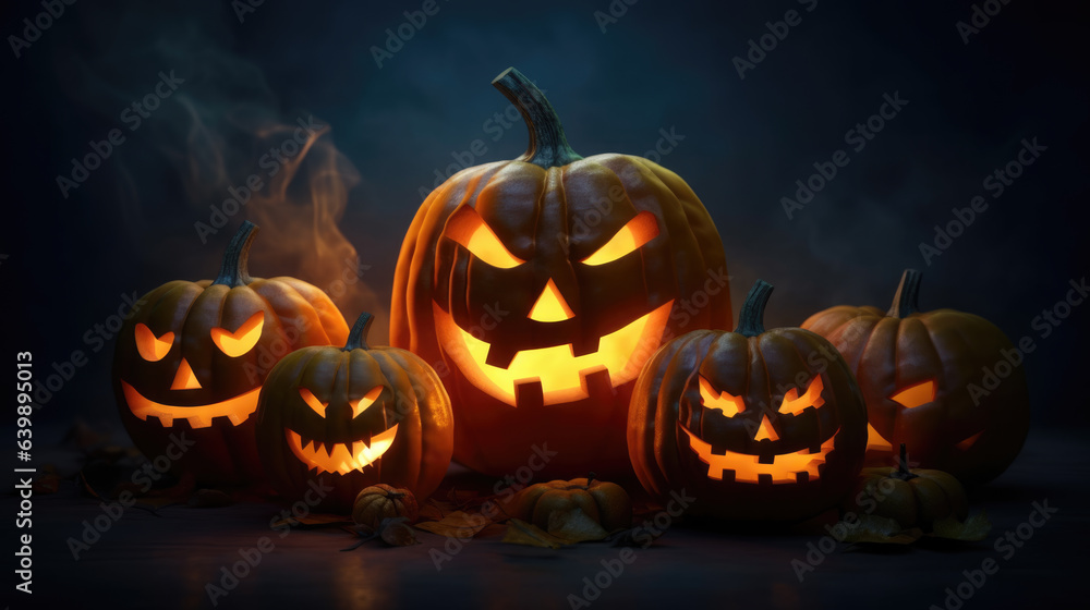 Scarry halloween Pumpkins In A Spooky Forest At Night Scarry halloween Pumpkins In A Spooky Forest At Night