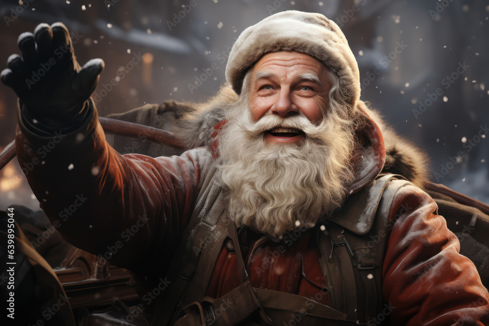 Santa's Arrival. Santa Claus waving from a sleigh pulled by reindeer, symbolizing the anticipation and excitement of Christmas Eve. Generative AI. Santa's Arrival. Santa Claus waving from a sleigh pulled by reindeer, symbolizing the anticipation and excitement of Christmas Eve. Generative AI.