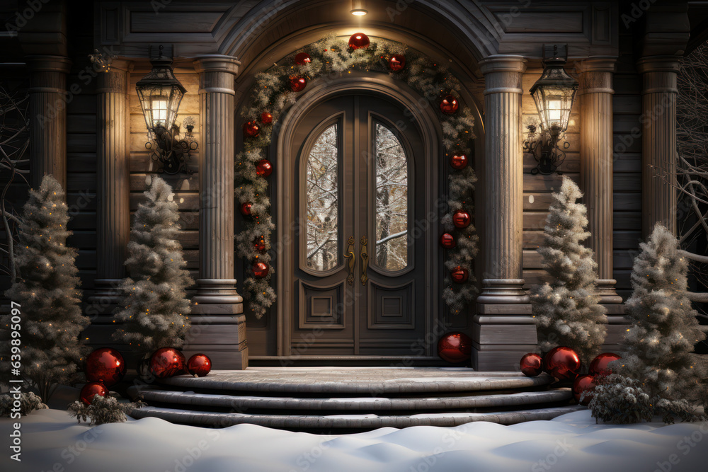 Yuletide Decor. Door adorned with a festive wreath and twinkling lights, inviting the holiday spirit into homes. Generative AI.