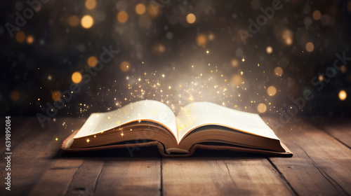 Magic Book With Open Antique Pages And Abstract Bokeh Lights Glowing In Dark Background. Created with Generative AI technology.