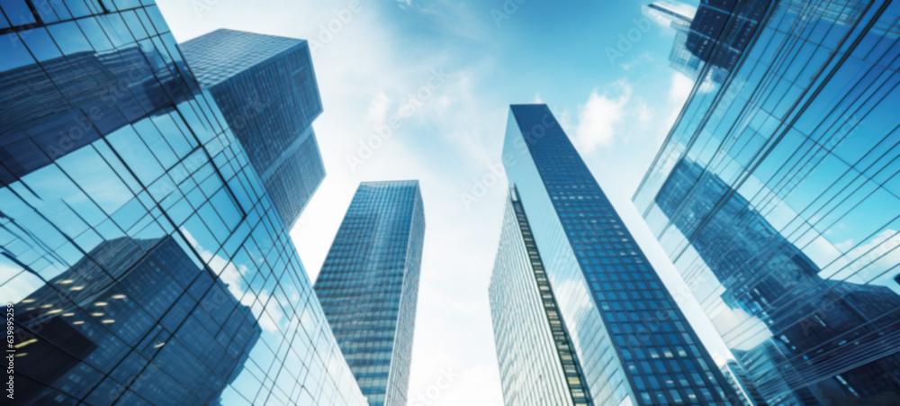 Modern office building with blue sky, and glass facades. Economy, finances, business activity concept, Bottom-up view, blurred image