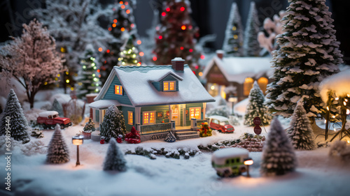 exterior view, snow covered yard and roof, Christmas decorations lit, tilt-shift, style of Thomas Kinkade or Norman Rockwell  photo