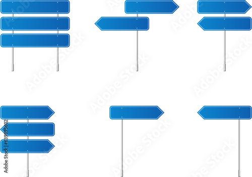 Blue road signs set. Direction. Board blank with place for text.  Isolated information direction sign. Vector illustration.