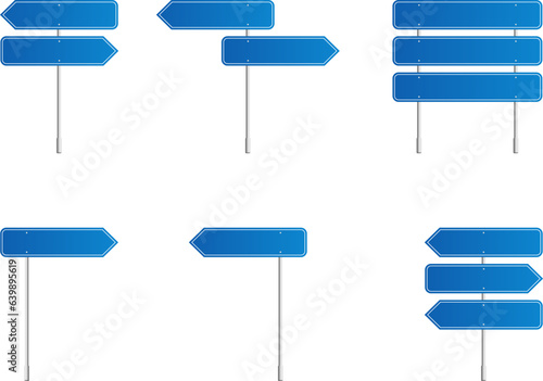 Blue road signs set. Direction. Board blank with place for text.  Isolated information direction sign. Vector illustration.