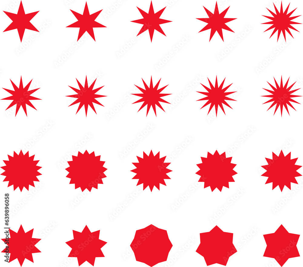 Starburst sticker set - collection of special offer sale oval and round shaped sunburst labels and badges. Promo stickers with star edges. Vector icons in Simple flat vintage style. Starburst sticker set - collection of special offer sale oval and round shaped sunburst labels and badges. Promo stickers with star edges. Vector icons in Simple flat vintage style.