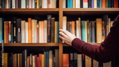 Person's hand selects and pulls a book from a bookshelf