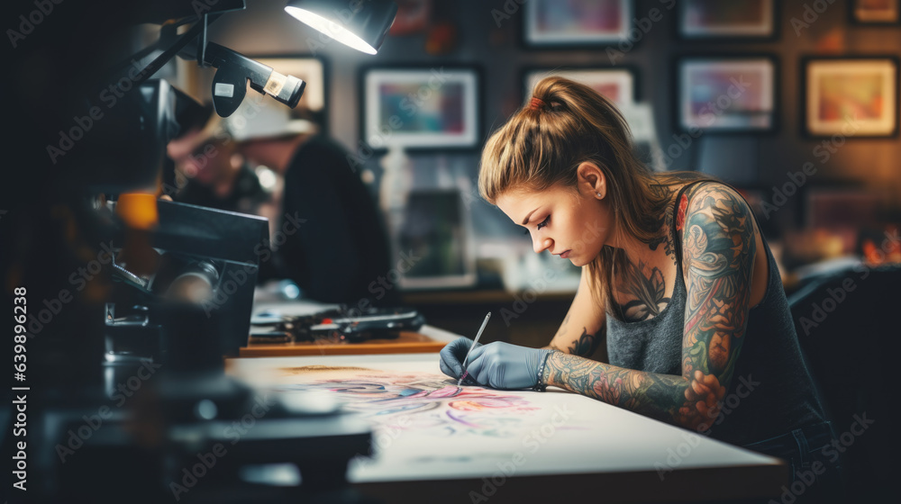 Fototapeta premium Woman master in a tattoo parlor makes a sketch of a future tattoo