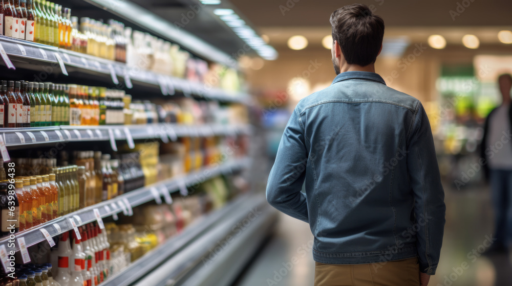 Man stands in a grocery market picking out groceries Man stands in a grocery market picking out groceries