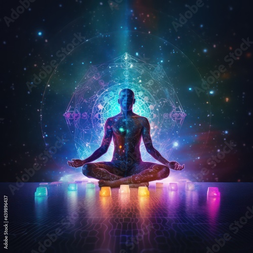 Astral body silhouette in lotus pose practicing yoga against cosmic background. Meditation, connection with other worlds. Spiritual life and esoteric concept.