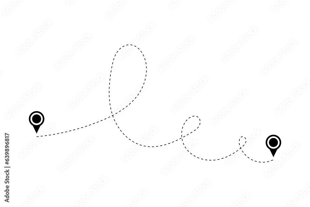 Fototapeta premium Route icon - two points with dotted path and location pin. Route location icon two pin sign and dotted line.