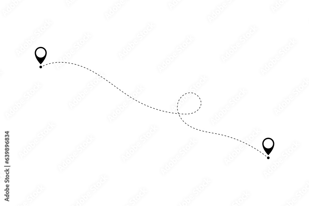 Fototapeta premium Route icon - two points with dotted path and location pin. Route location icon two pin sign and dotted line.