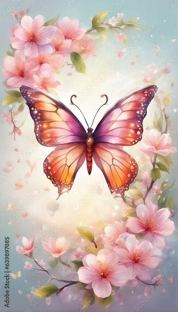 Butterfly with Cherry Blossom flowers - Generative AI Butterfly with Cherry Blossom flowers - Generative AI