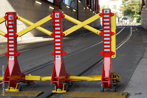 Red strong mobile anti vehicle barrier using to protect festival visitors from terrorist attacks with vehicle. It is part of a comprehensive security plan in Zurich.