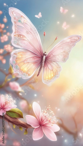 Butterfly with Cherry Blossom flowers - Generative AI