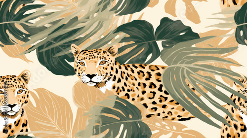 leopard and banana leaves seampless pattern, modern flat