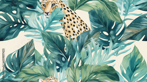 leopard and banana leaves seampless pattern, modern flat photo