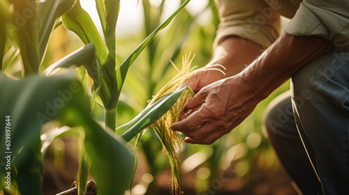 Farmer checks corn sprouts.