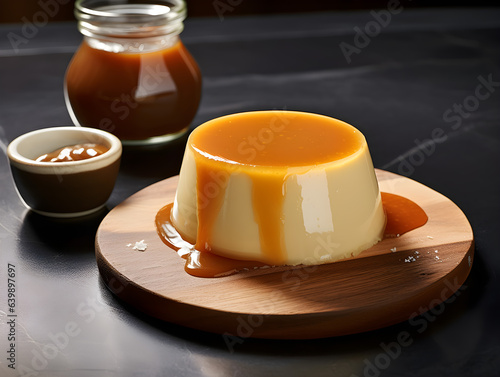 caramel pudding on slice of wooden carving plate photo