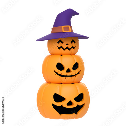 Jack-o-Lantern pumpkins wearing witch hat isolated on white background. Happy Halloween concept. Traditional october holiday. 3D render illustration