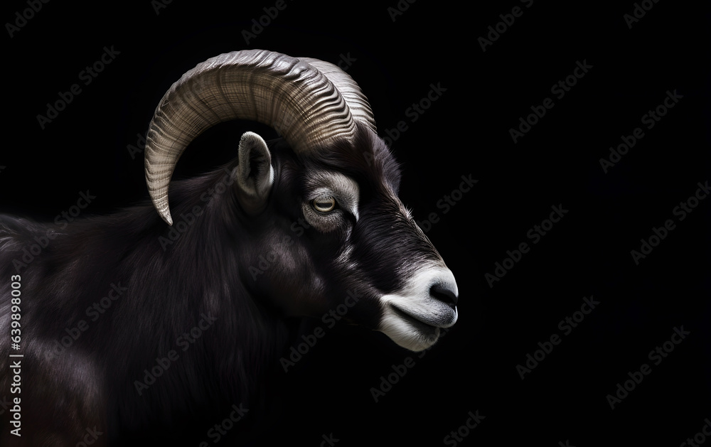 Head shot of dark ram with large helix shaped horns isolated on black Head shot of dark ram with large helix shaped horns isolated on black