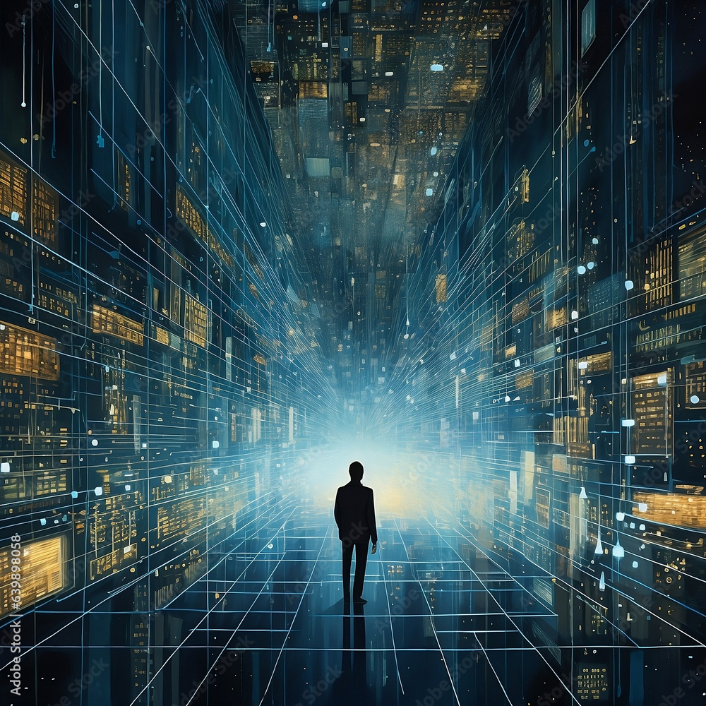 businessman analyzing big data on large wide screen businessman analyzing big data on large wide screen