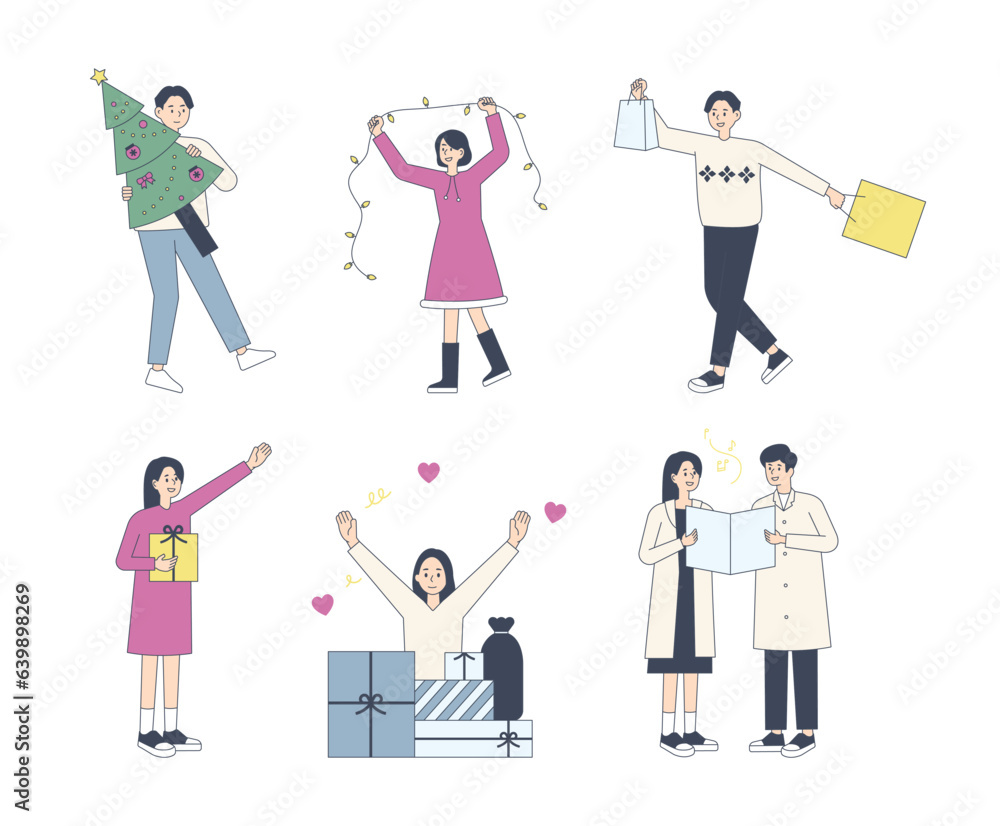 Christmas and people characters. People are decorating trees, giving gifts, and singing carols. flat design style minimal vector illustration. Christmas and people characters. People are decorating trees, giving gifts, and singing carols. flat design style minimal vector illustration.