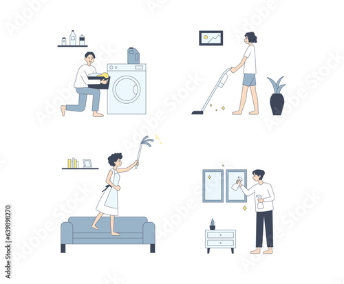 People are cleaning the house. The man who runs the washing machine. A woman running a vacuum cleaner. A woman blowing dust. The man to wipe the window. flat design style minimal vector illustration.