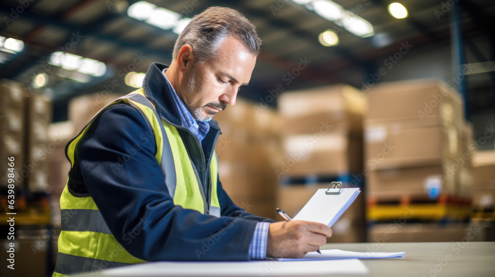 Businessman in a suit signs a contract for delivery of products against the background of a logistics center. Created with Generative AI technology. Businessman in a suit signs a contract for delivery of products against the background of a logistics center. Created with Generative AI technology.