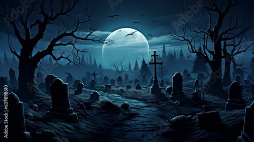 Simple Halloween background with dead trees at both sides. Creepy, spooky graveyard during night.. The moon is shining. Bats are flying in the air. Many gravestones.