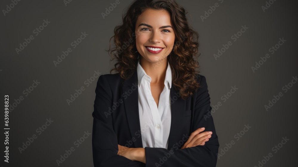Successful businesswoman with crossed arms stands on a gray background. Successful businesswoman with crossed arms stands on a gray background.