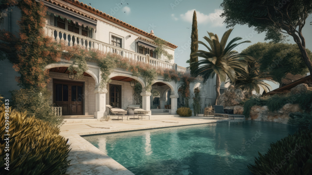 Obraz premium luxurious mediterranean home, outdoor living concept with private oasis, traditional white house with swimming pool, fictional architecture.