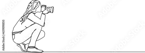 continuous single line drawing of woman taking picture with dslr camera, line art vector illustration
