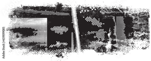 Glitch distorted grange shape . Noise grungy logo . Trendy defect error shapes . Glitched frame .Grunge textured . Distressed effect .Vector shapes with a halftone dots screen print texture.