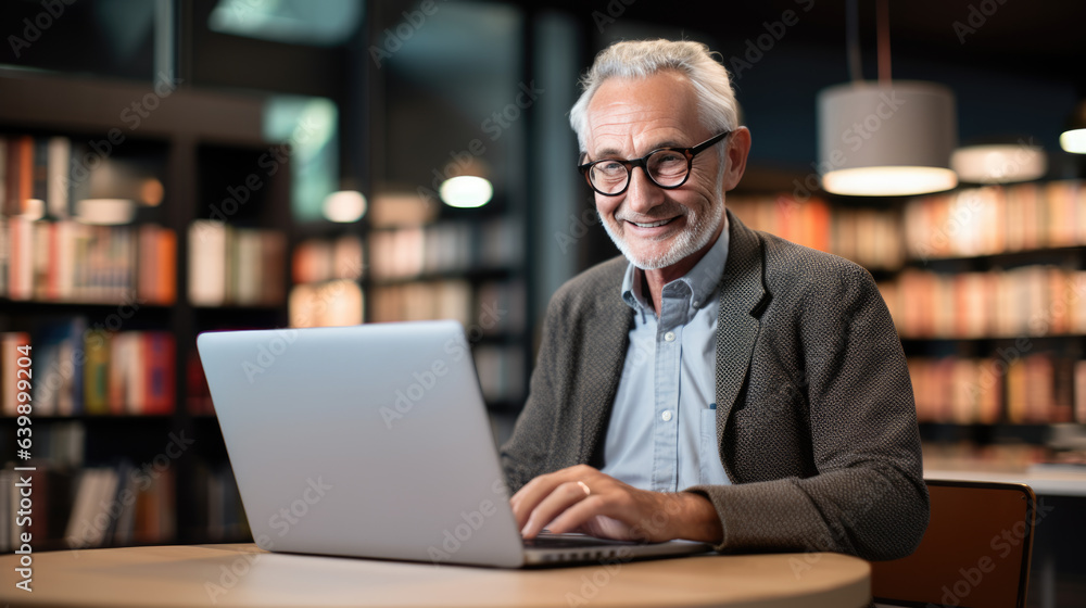 Senior professor sits in the university library with a laptop, preparing for a lecture