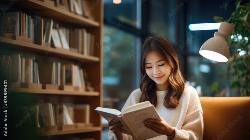 Young woman readig book at home in front of book shelf Young woman readig book at home in front of book shelf