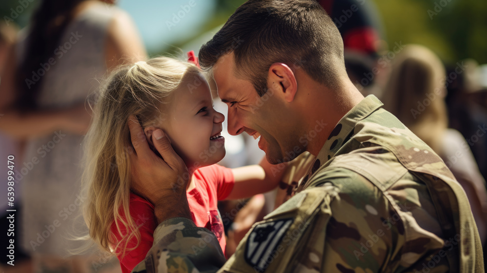 Military man hugs his daughter as he reunites with his family. Military man hugs his daughter as he reunites with his family.