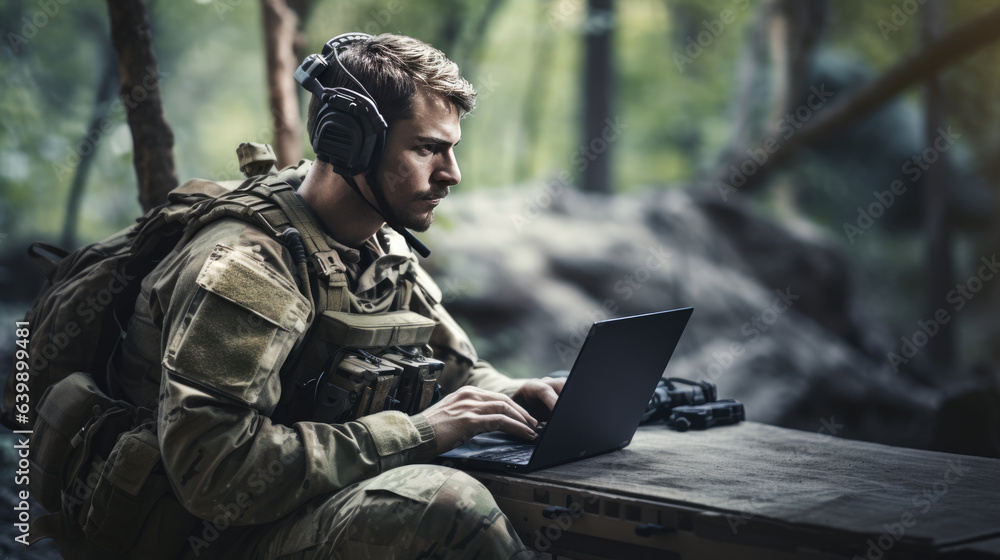 Soldier Using Laptop Computer During Military Operation in the Forest. Soldier Using Laptop Computer During Military Operation in the Forest.
