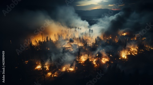 Forest fire, wild fire top view 