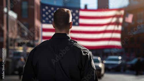 American male soldier stands in front of american flag.