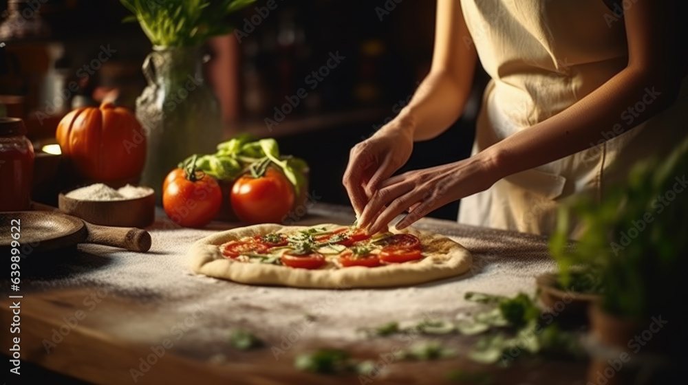 Woman cooks homemade pizza in the kitchen.