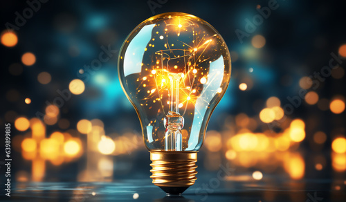 Light bulb on blue background. AI generated