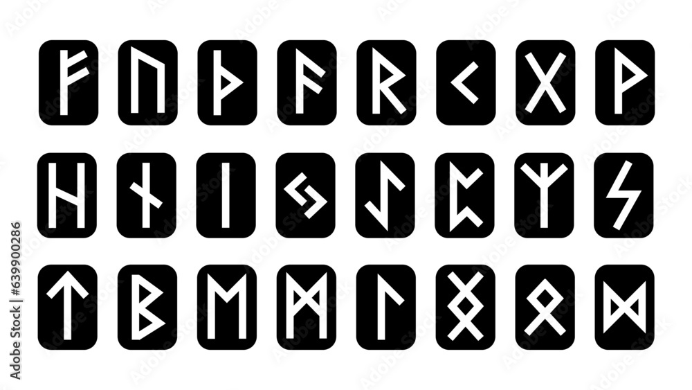 Runes set. Rune alphabet, futhark. Writing ancient Germans and Scandinavians. Mystical symbols. Esoteric, occult, magic. Fortune telling, predicting the future. Isolated.