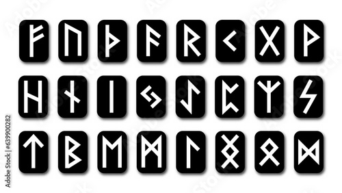 Set of Old Norse Scandinavian runes. Runic alphabet, futhark. Ancient occult symbols, vikings letters on white, rune font. Vector illustration with light texture.